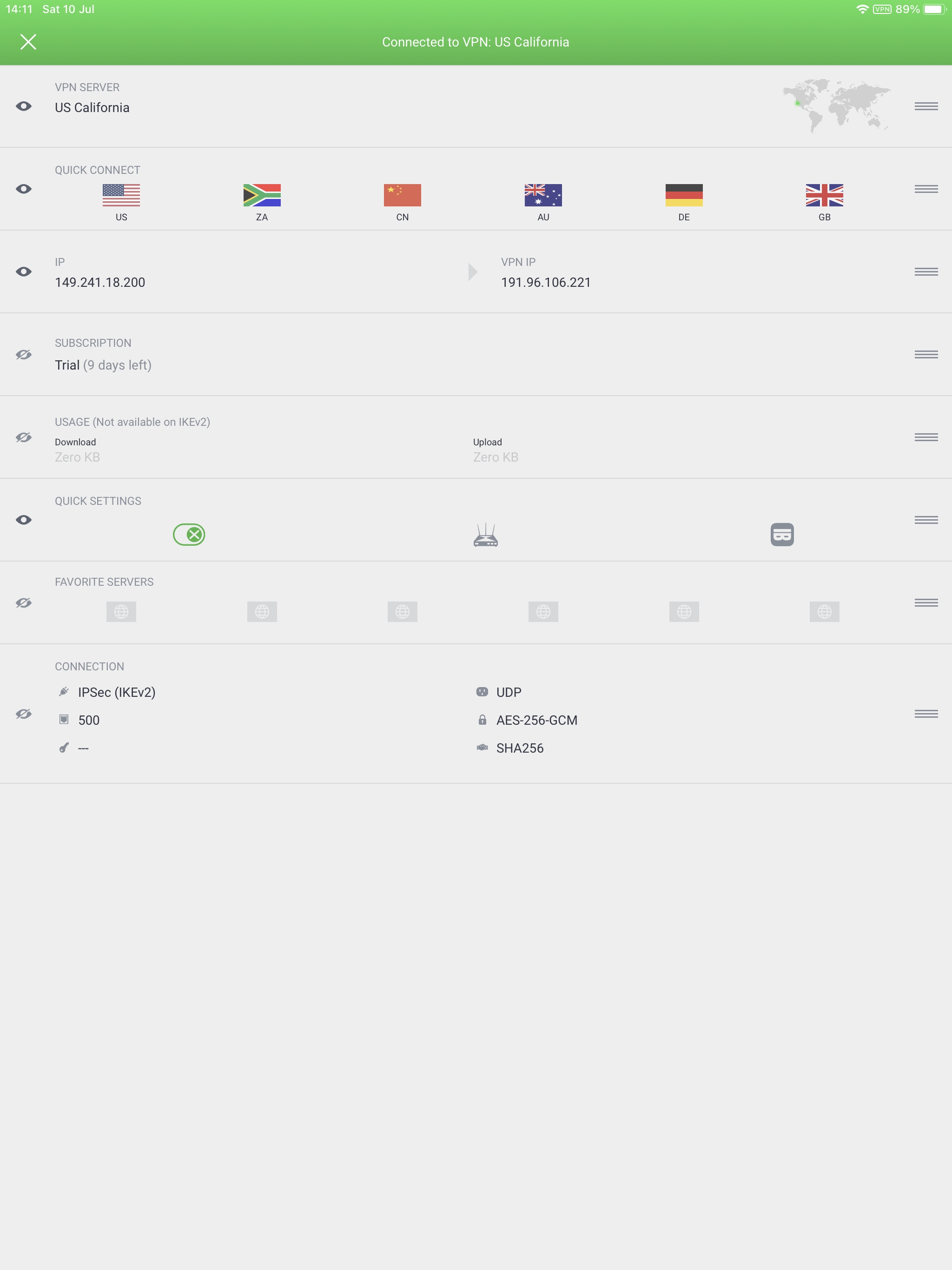 Screen shot of the VPN connection settings screen