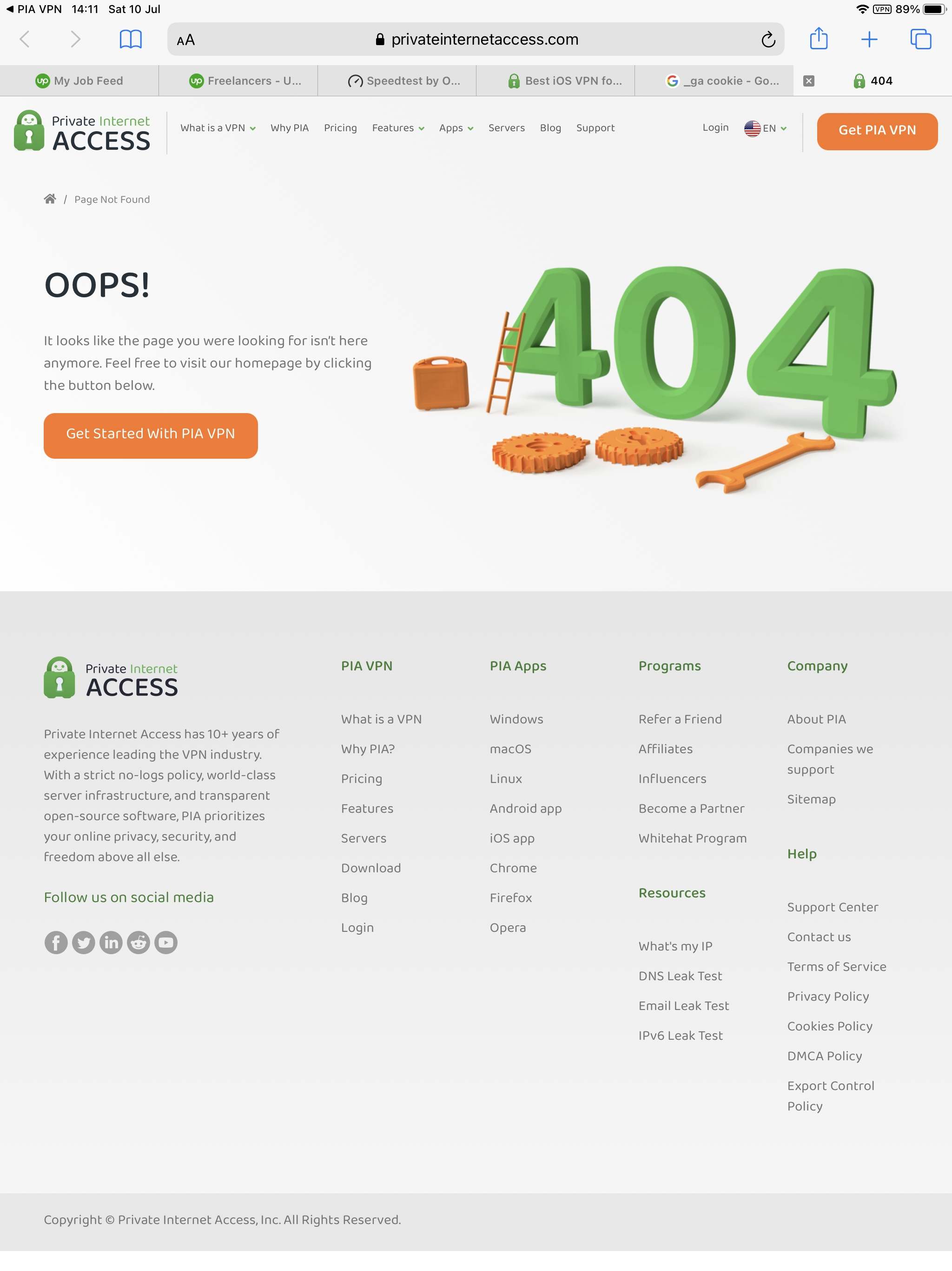 Screen shot of the page not found error for the iOS app support function